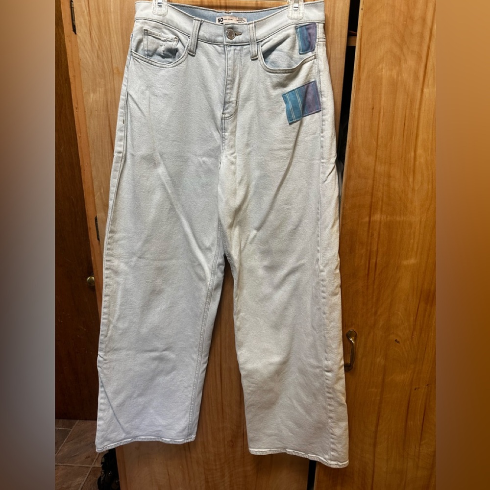 SO GOODS FOR LIFE WIDE LEG SUPER HIGH RISE FADED JEANS SIZE 9 29” PATCHES
